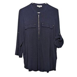 Calvin Klein Women's Zipper Front 3/4 Sleeve Blouse, Navy, XL, Roll Tab Sleeves